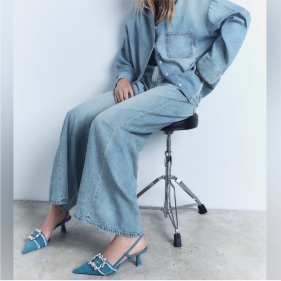 Women's Zara Denim Slingback Heels with Crystal Embellishment - Picture 5 of 12